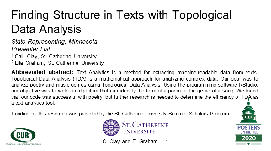 Ella_Graham1's tweet photo. We analyzed poetry and song lyrics with Topological Data Analysis (TDA). We found that TDA is effective for classifying poems such as villanelles and sestinas, but less so for genres of songs.
#POH2020 #POHGoesVirtual 
@Calli_Clay @KristinePelatt @StKate @StKatesCUR @CURinAction https://t.co/qxnLNfnHxk