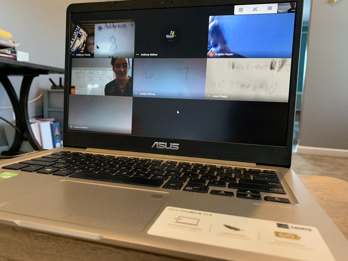 EHWarnick's tweet photo. One of our favorite #GoogleMeet activities, daily challenges! I ask questions from daily NTI work and students show their answers to the camera for points. I’m excited to be finding ways to still engage my students, even from afar! @RESRocks @CCSchoo1s https://t.co/7UtBwMqLNt