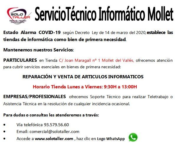 SOLOTALLER's tweet photo. Servicios y horarios de Solo Taller durante Estado de Alarma Covid-19
Link En la Bio.
.
.

#COVID19#mollet #serviciotecnico #reparacionordenadores #ordenador #portatil #reparar #EstadoDeAlarma https://t.co/v6jF2vXoku