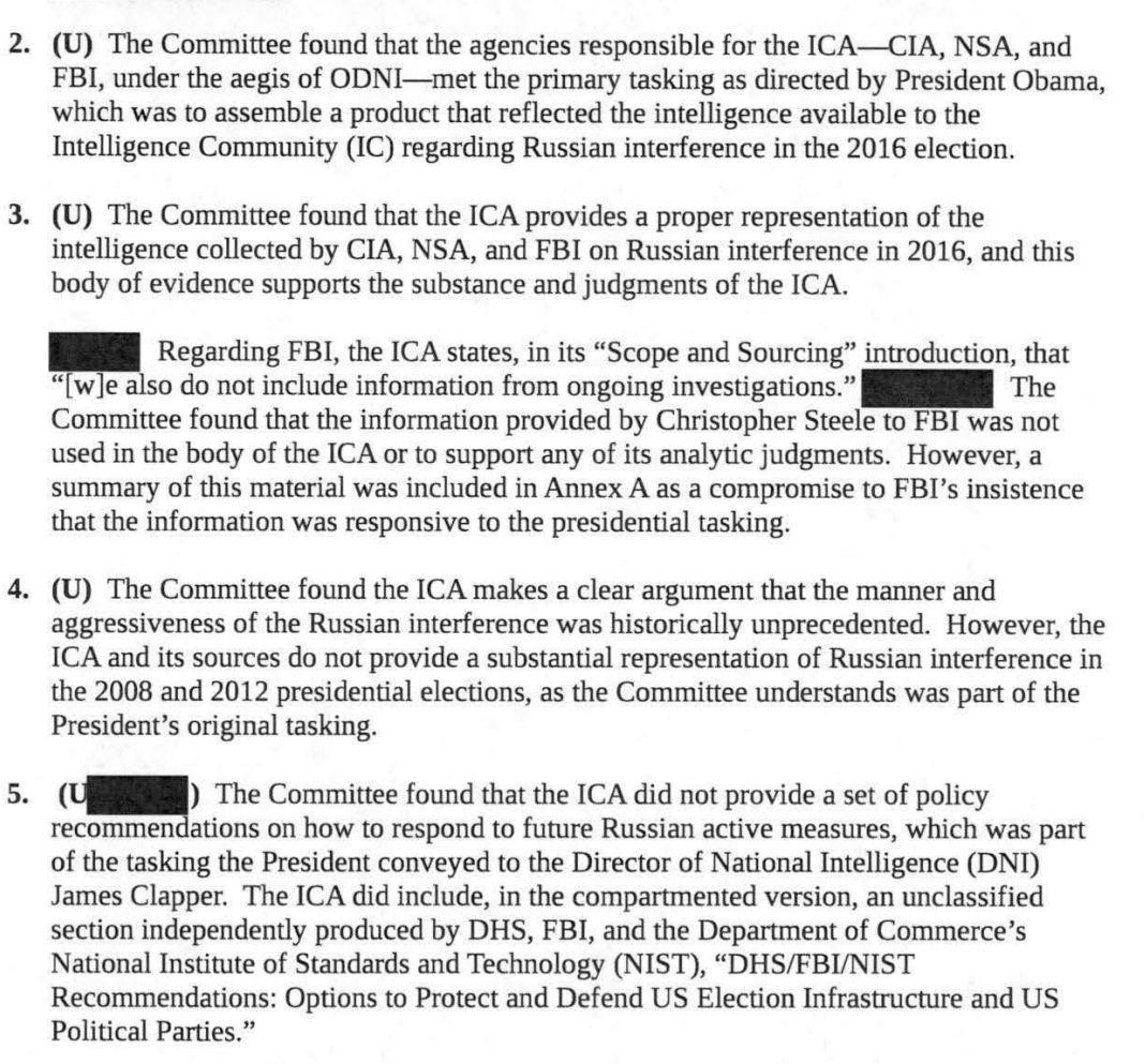 OTHER FINDINGS: - CIA, NSA, FBI completed Pres. Obama's tasking- *Info on ongoing investigations were left out* (potentially *voluminous* information)- The Steele Dossier wasn't used - sorry Devin Nunes- The report could have but didn't include Russian actions in 2008-2012