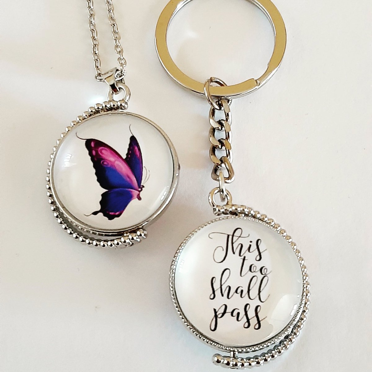 AilishMcKelly's tweet photo. After cocooning a butterfly will emerge,  this too shall pass! Rotation key ring or pendant can be posted directly to your cocooning loved one with a free personal card. #cocooning #lockdown #thistooshallpass #giftsdirect https://t.co/js2FgVm6Gj