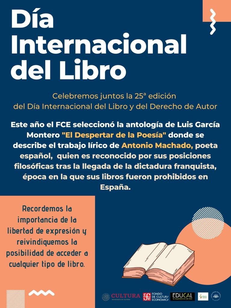 FCEMexico's tweet photo. ¡Celebremos este jueves el #DíaInternacionalDelLibro! ¡Envía a nuestras redes un video de no más de dos minutos de duración! #YoMeQuedoEnCasaLeyendo #PoesíaDeMachado @cultura_mx @LibreriasEducal @Salasdelectura https://t.co/VhdRkZAT4h