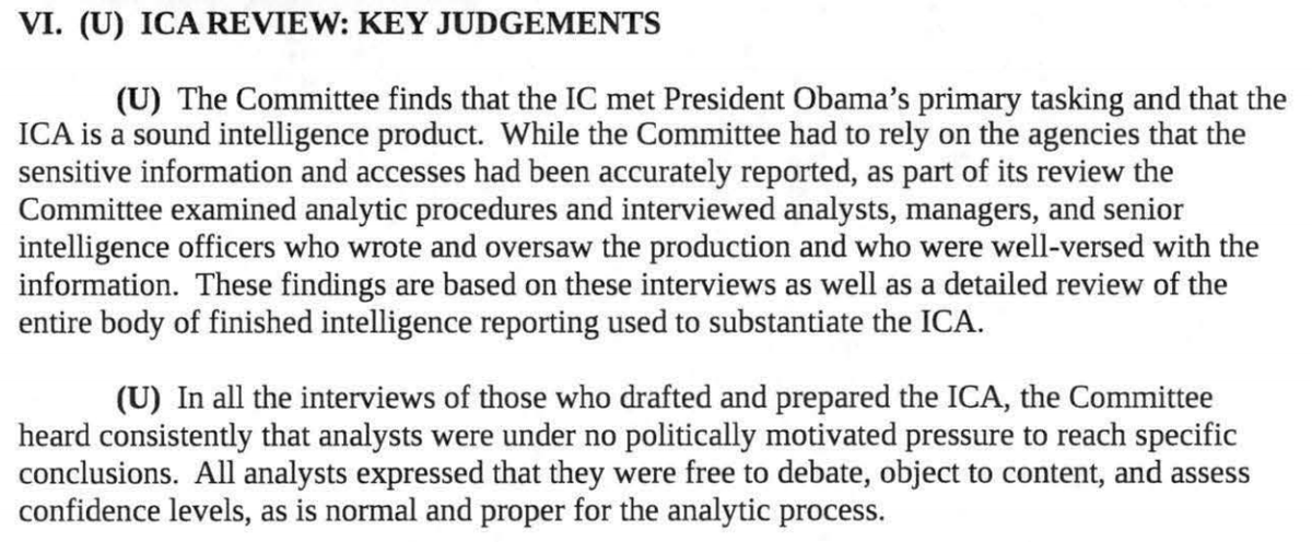 One of the main findings here - and it's important when the GOP tries to make the Intel Community look like partisan hacks - SSCI, run by GOP Sen. Burr, concluded that this was *not* a partisan political assessment. At all. Just a professional one.