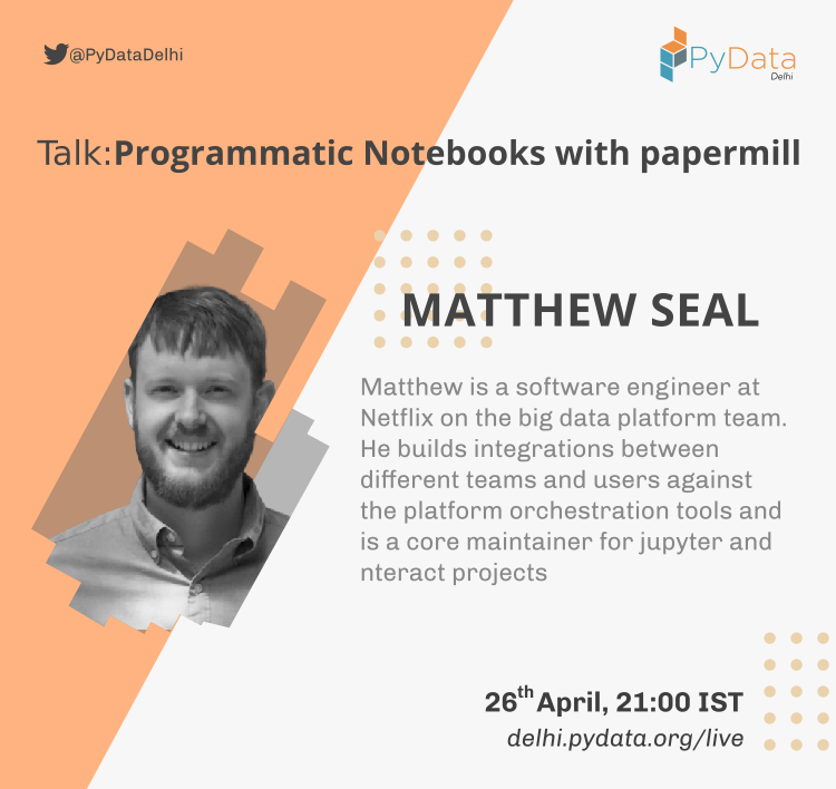 PyData Delhi (@pydatadelhi) on Twitter photo Announcing our second speaker for the next meet-up, <a href="/codeseal/">Matthew Seal</a> Sr. Software Engineer at <a href="/netflix/">Netflix</a>. He's a core maintainer for <a href="/ProjectJupyter/">Project Jupyter</a> and <a href="/nteractio/">nteract</a>.
Talk will be live-streamed on <a href="/YouTube/">YouTube</a>. 💻
RSVP here: meetup.com/PyDataDelhi/ev… Announcing our second speaker for the next meet-up, <a href="/codeseal/">Matthew Seal</a> Sr. Software Engineer at <a href="/netflix/">Netflix</a>. He's a core maintainer for <a href="/ProjectJupyter/">Project Jupyter</a> and <a href="/nteractio/">nteract</a>.
Talk will be live-streamed on <a href="/YouTube/">YouTube</a>. 💻
RSVP here: meetup.com/PyDataDelhi/ev…