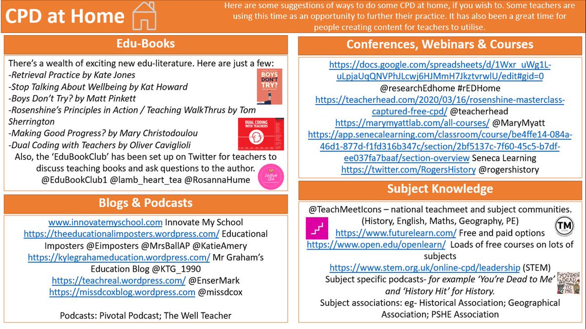 Collated some CPD ideas for teachers who want invest in professional development during lockdown. These are non-subject specific so for any teacher! #CPDatHome 
@EduBookClub1 @Teachmeeticons @researchEdhome @teacherhead @87History @OUFreeLearning @InnovateMySchl @teachgratitude1