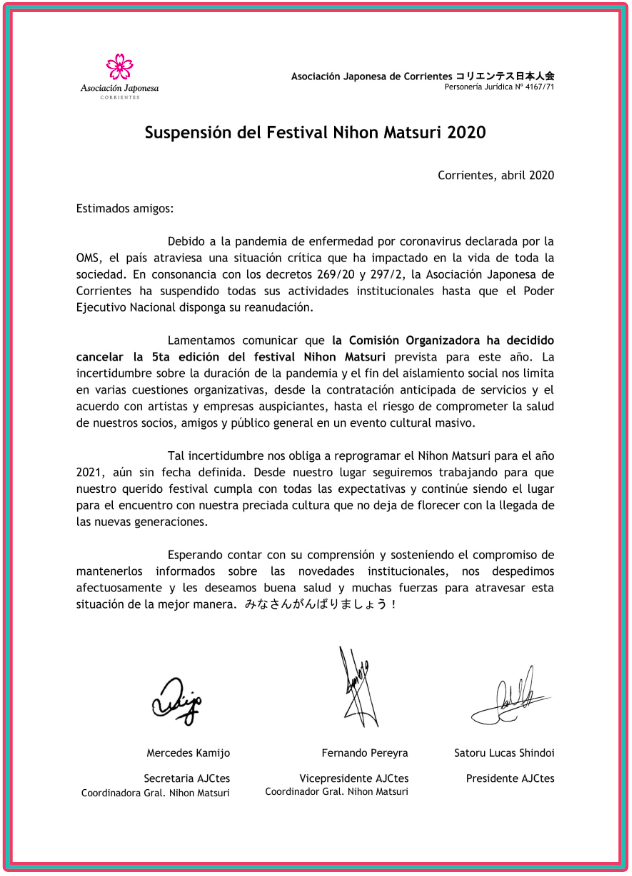 MatsuriCtes's tweet photo. Con mucho pesar comunicamos la suspensión del Festival Nihon Matsuri y su postergación para el 2021. En cuanto nos sea posible les informaremos sobre la nueva fecha. ¡Gracias por el apoyo de siempre! #cultura #Japon #Corrientes #Argentina https://t.co/6yRrFKY1Hf