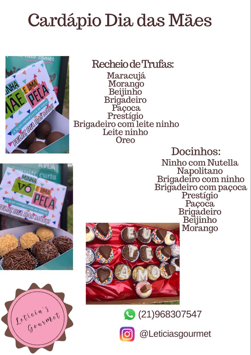BezerraDaDepre's tweet photo. Pessoal, Boa tarde! Uma ex aluna do colégio trabalha com gourmet, para o Dia das Mães ela está vendendo caixas personalizadas com docinhos grandes e trufas. Quem puder rt vai está ajudando demais!! Wpp para informações e encomendas: 968307547 ❤️🍫👩‍👧‍👦 https://t.co/3zEyobKvgM