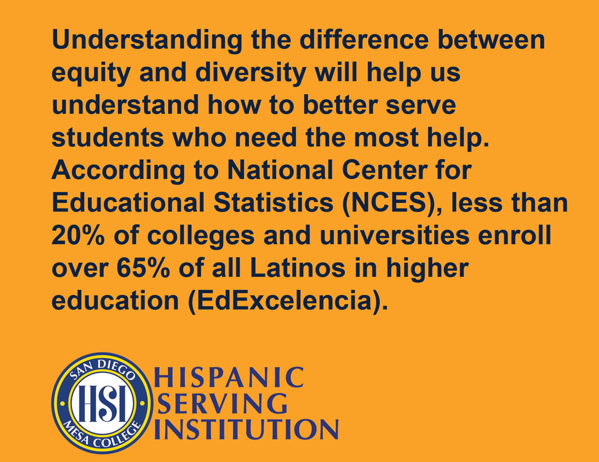 sdmesahsi's tweet photo. Understanding the difference between equity and diversity will help us understand how to better serve students who need the most help. #HSIservingness #sdmesahsi #hsi https://t.co/zqB1egm2K3