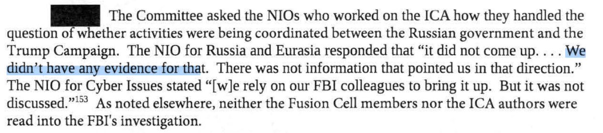 Haven’t seen this quoted either. The National Intelligence Officer (NIO) for *Russia* in the CIA testified“we didn’t have any evidence of” Trump/Russia Collusion. “There was not information that pointed us in that direction”“Collusion” never even discussed in the ICA