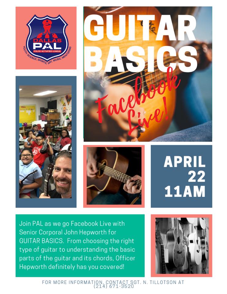 DallasPAL's tweet photo. Join us tomorrow at 11am on #FacebookLive as we continue to learn #Guitar Basics with @DallasPD Senior Corporal Hepworth. 🎸 https://t.co/uLHaRF4pbQ