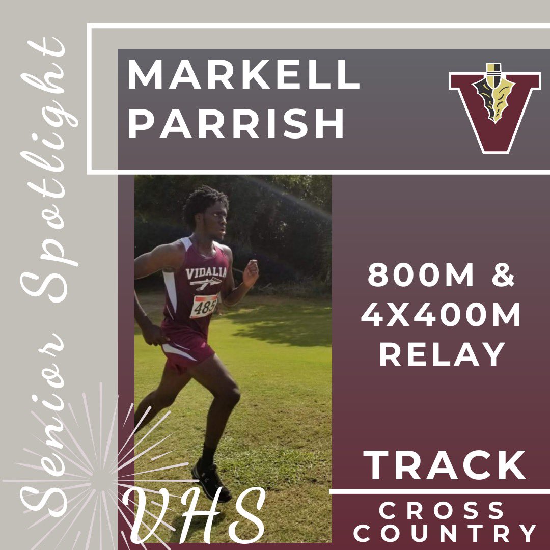VidaliaHS's tweet photo. Markell Parrish has qualified for state 2 yrs in the 800 &amp; placed 7th in the 4x400m Relay,he is a standout runner in the 800m.“Markell is one of the hardest workers on the team &amp; always has an excellent attitude, He is a very gifted athlete.”-Coach Godbee 
#VFam 
#OnceAlways 🏹 https://t.co/JKbfMMCZIu