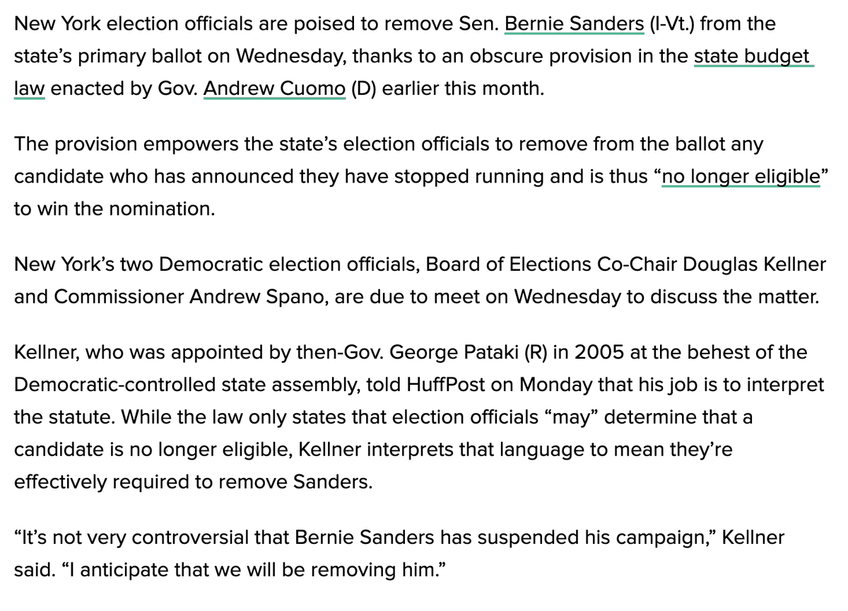 Attention New York lefties: Thanks to an obscure provision in the recently enacted state budget law, Bernie is on the brink of being booted off the ballot in the June 23 primaries. The board of elections will decide tomorrow.  https://www.huffpost.com/entry/bernie-sanders-new-york-primary-ballot_n_5e9f2059c5b6b2e5b838c914
