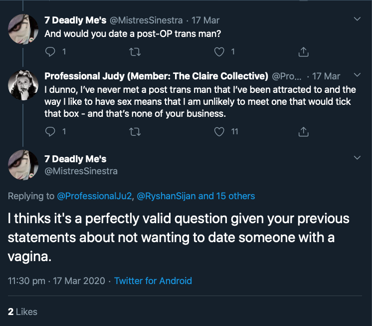 This tweet details the homophobia from Trans Activist who insist that Lesbian's like penis, and gay men vagina.After the initial post that will be done over a few days, I will update with new examples weekly. Feel free to link to it as needed.  #cottonceiling  #boxerceiling