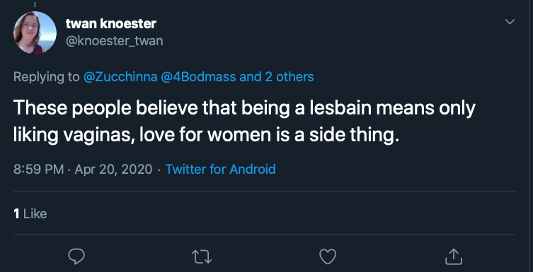 This tweet details the homophobia from Trans Activist who insist that Lesbian's like penis, and gay men vagina.After the initial post that will be done over a few days, I will update with new examples weekly. Feel free to link to it as needed.  #cottonceiling  #boxerceiling