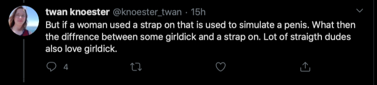 This tweet details the homophobia from Trans Activist who insist that Lesbian's like penis, and gay men vagina.After the initial post that will be done over a few days, I will update with new examples weekly. Feel free to link to it as needed.  #cottonceiling  #boxerceiling