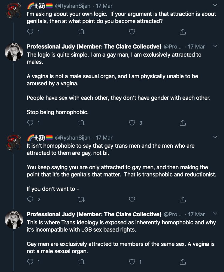 This tweet details the homophobia from Trans Activist who insist that Lesbian's like penis, and gay men vagina.After the initial post that will be done over a few days, I will update with new examples weekly. Feel free to link to it as needed.  #cottonceiling  #boxerceiling