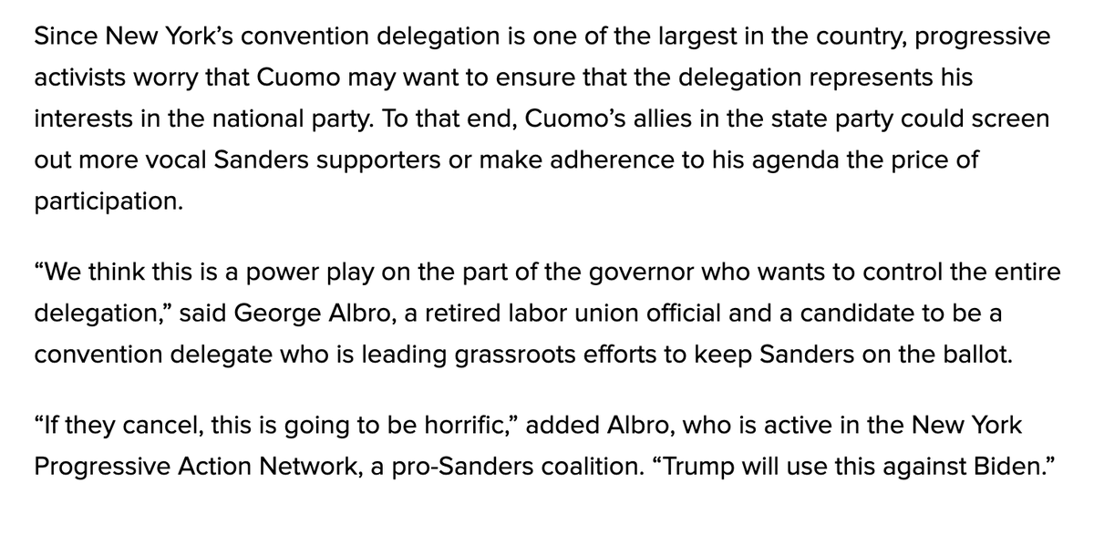 . @NYPANetwork's  @gwalbro, who has led grassroots efforts to keep Sanders on the ballot, smells a power grab by Cuomo.“If they cancel, this is going to be horrific,” he warns, citing potential for intra-party dissension to hurt Biden.