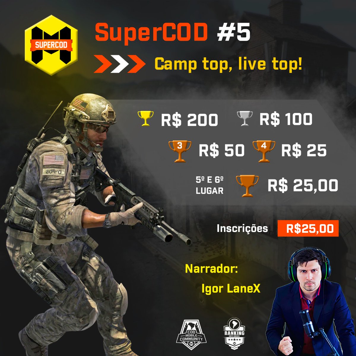 SuperCOD #5 com inscrições abertas, times de #CoDMobile! Premiação ampliada, vejam abaixo! Dúvidas só me avisar 🎙️🔥