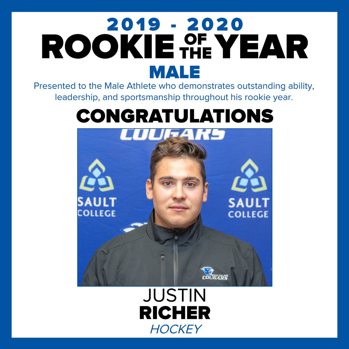 🏆Male Rookie of the Year🏆

Congratulations to Justin Richer on being the recipient of this year’s Male Rookie the Year.

<a href="/SaultCollege/">SaultCollege</a> 
#SaultCougars