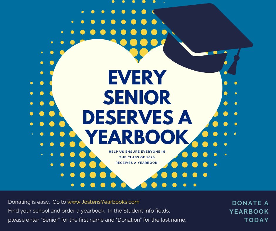 Help us make sure every senior's able to remember this historic year with a yearbook. Invite community members to donate a yearbook to a student in need by ordering one at jostensyearbooks.com &amp; entering "Senior Donation" when prompted for a name. We are in this together! 👫