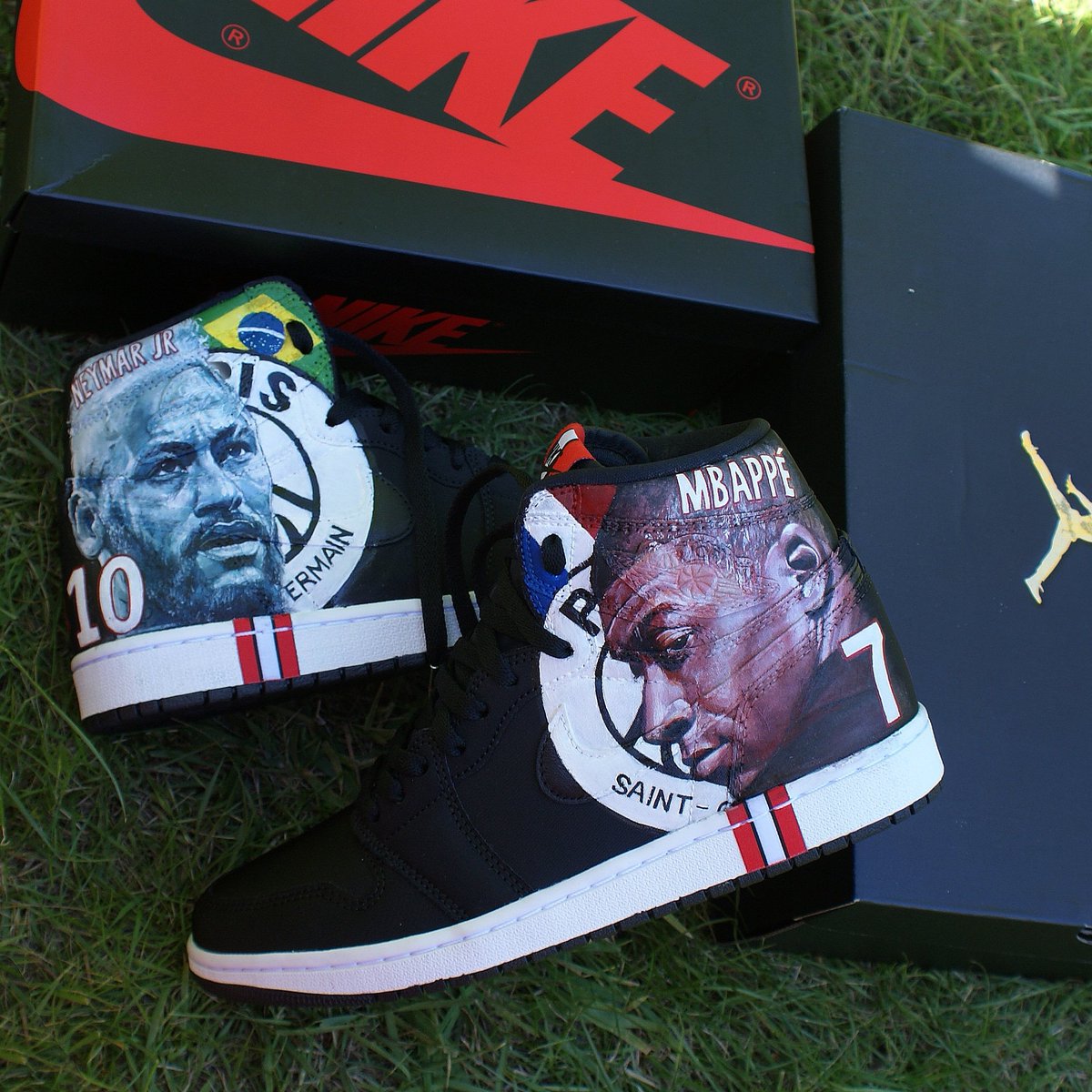 vmcustomart's tweet photo. Cannot wait to have football back! 
Modern legends @neymarjr &amp; @KMbappe on the special edition @PSG_inside Jordan 1s @Jumpman23 @Nike 
Whether they stay or go, just know Paris got the chance to watch these two incredible athletes week in week out 🙌🏾 https://t.co/b6rvBHgm6X