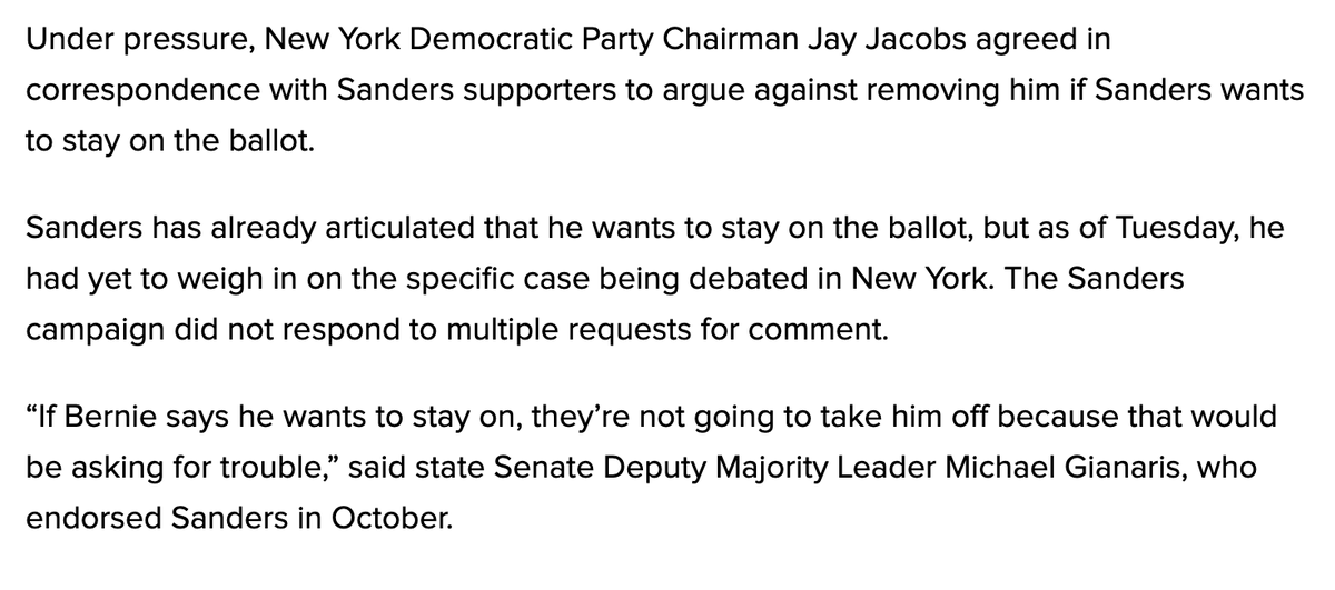 They've had some effect:  @jayjacobs28 is reluctantly willing to play ball if Bernie gets involved.Sanders backer  @SenGianaris: “If Bernie says he wants to stay on, they’re not going to take him off because that would be asking for trouble."