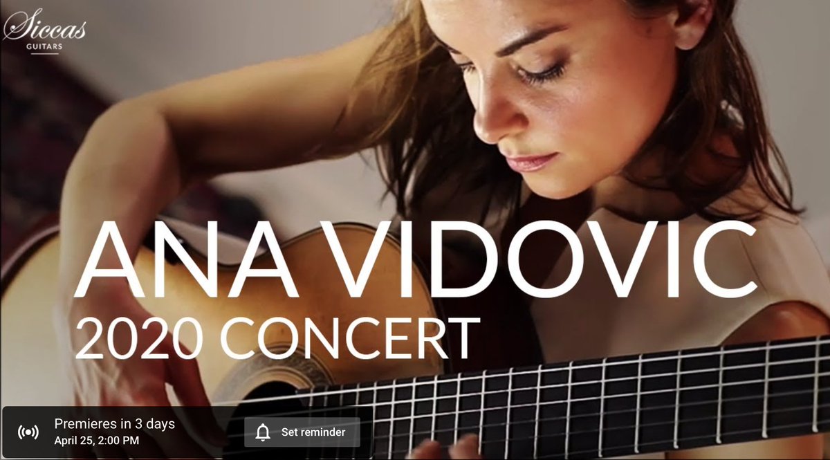 DianeSaldickLLC's tweet photo. #SiccasGuitars #AnaVidovic #ClassicalGuitarConcert
ANA VIDOVIC Classical Guitar Concert 2020 - Live Chat with Ana Vidovic April 25, 2:00 PM on Youtube.
https://t.co/U134z8WIjw https://t.co/XvJjLtv8cB