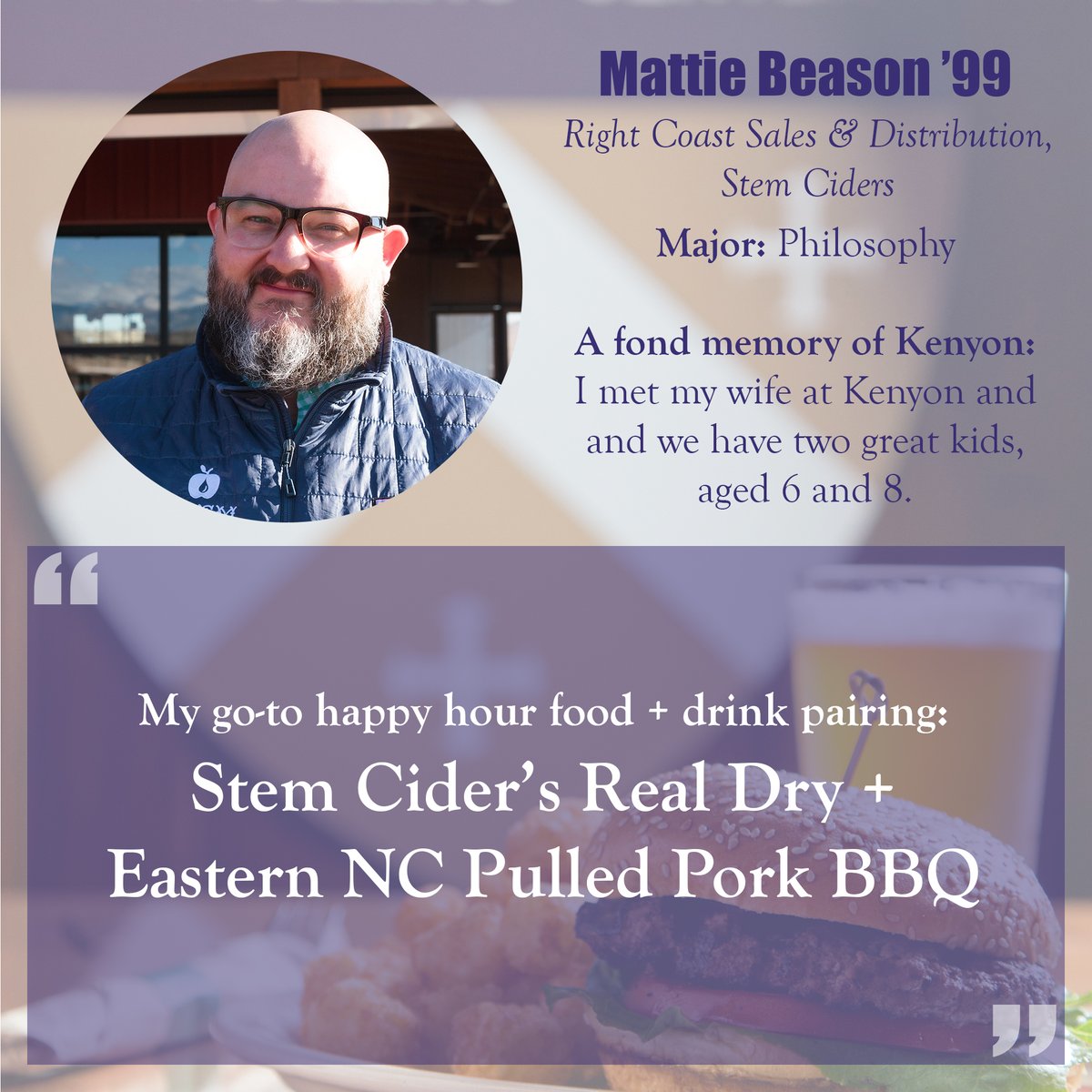 This week’s Kenyon in Your Kitchen pairing is brought to you by <a href="/mattiebeason/">Mattie Beason</a> of <a href="/stemciders/">Stem Ciders</a> &amp; <a href="/NorthernSpyNC/">The Northern Spy</a>. Mattie recommends Real Dry: "A beautifully appley cider with no sugar that retains great flavor." 

More recommendations at bit.ly/2XzKkJl.

#FarFromKokosing