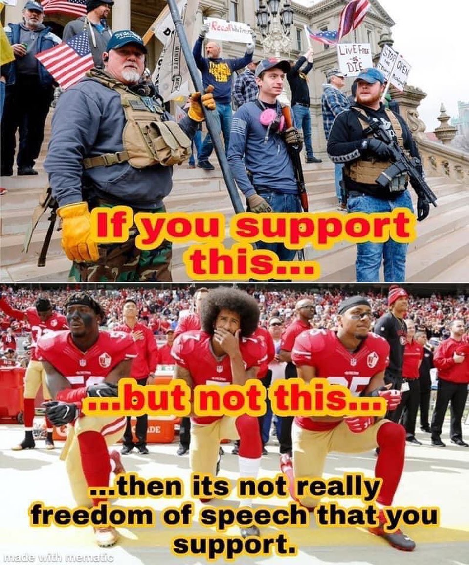 Mevue_'s tweet photo. @realDonaldTrump 🚨The same people toting guns in front of state capitals, loudly protesting and blocking traffic are the same type of people who disregarded peaceful protests against injustices in this country. https://t.co/oRoCA25uvW