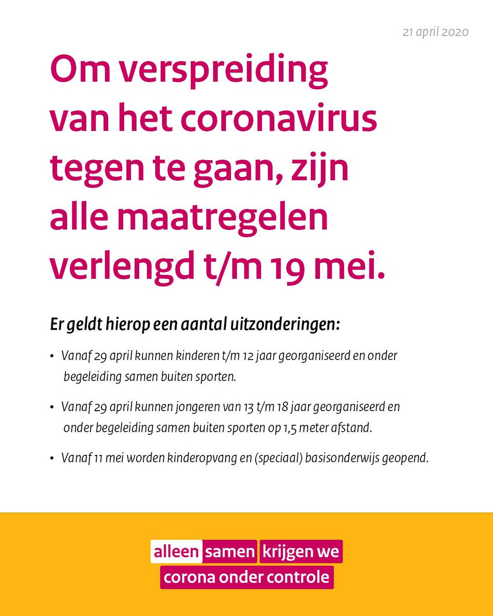 De maatregelen in de aanpak van het coronavirus worden verlengd, met kleine ruimte voor kinderen en jongeren. Alle informatie vindt u op  rijksoverheid.nl/actueel/nieuws…
#AlleenSamen