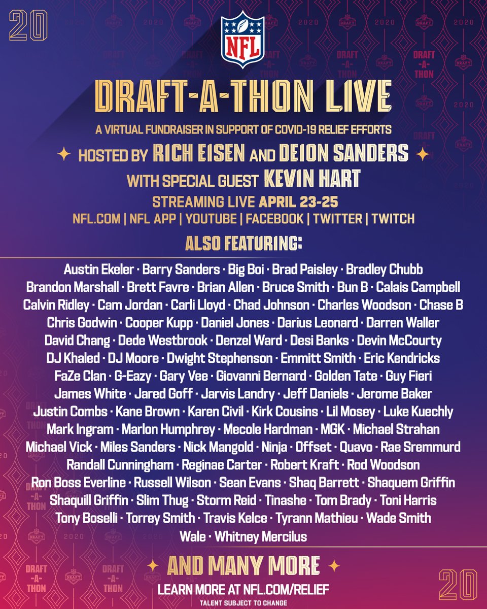 NFL's tweet photo. ⭐️ Draft-A-Thon LIVE ⭐️️

A three-day, star-studded livestream to raise awareness and donations for COVID-19 relief!

Starts Thursday at 7:30pm ET.
Learn more at: https://t.co/t5JVKzjd4J #DraftAThon https://t.co/PtZAy2wiWB
