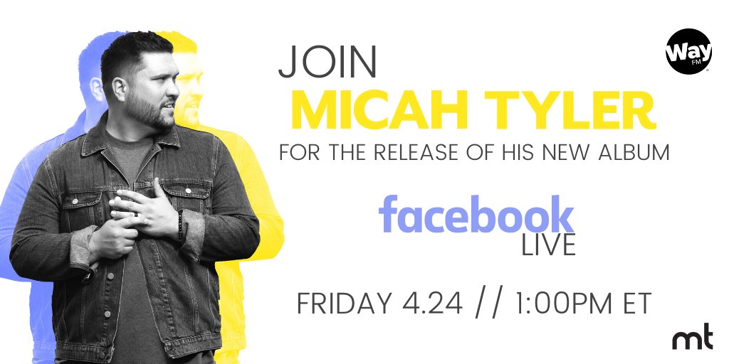 Friday!! 🎶🙌
<a href="/MicahTylerMusic/">Micah Tyler</a> is releasing his sophomore album New Today and you can be a part of the virtual album release party. Micah will be performing songs both new and old, telling the stories behind his new music, doing some giveaways, and being his usual funny self.