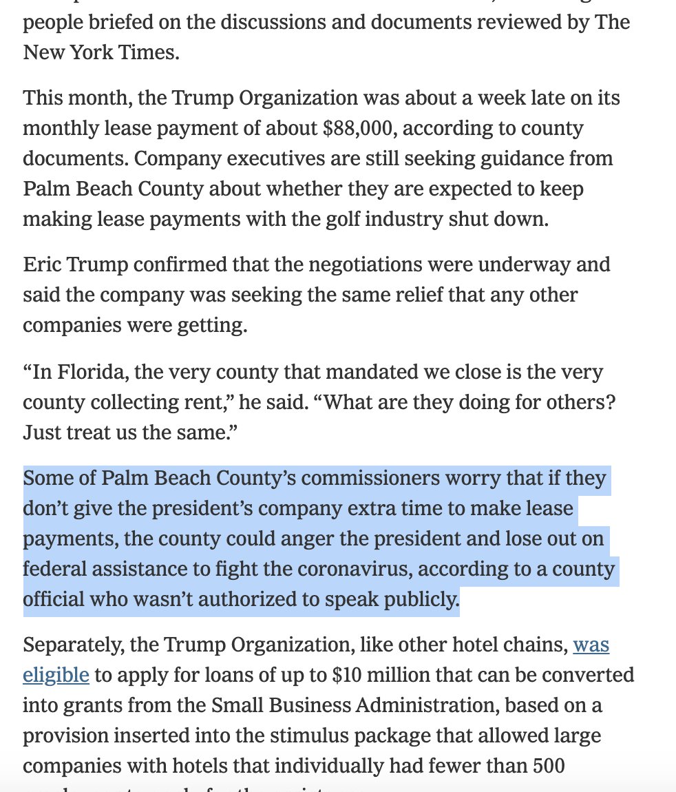 The Trump Org also wants to reduce/delay lease payments to Palm Beach County for its golf club there. It was a week late on an $88k April lease payment, according to docs reviewed by NYT.Some county officials worry about what may happen if they dont give a break to Trump Org.