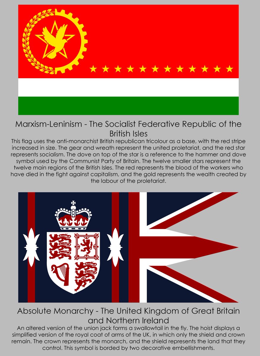 The flag of the UK, redesigned as various ideologies.Source: ( https://www.reddit.com/r/vexillology/comments/g4j9fa/people_seemed_to_like_it_last_time_so_heres/)