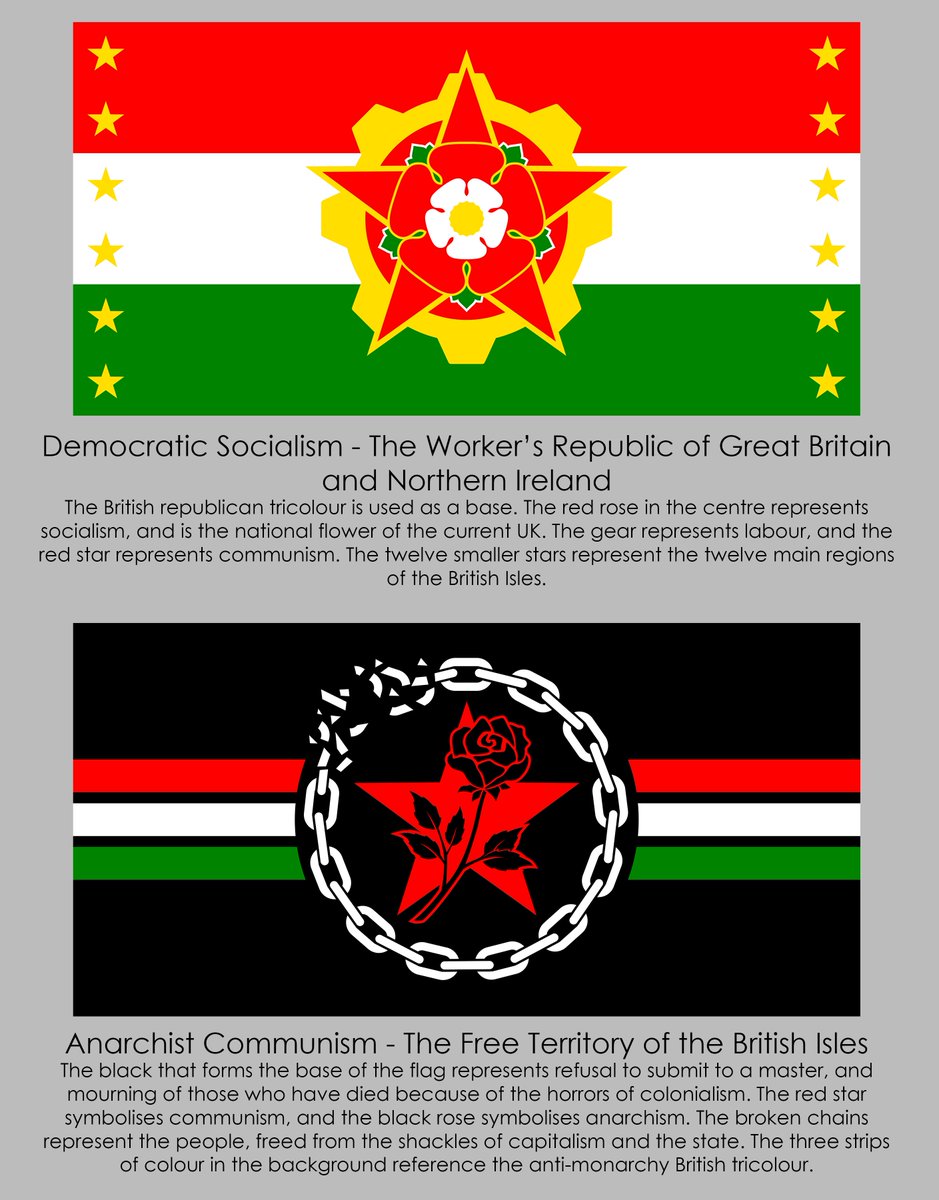 The flag of the UK, redesigned as various ideologies.Source: ( https://www.reddit.com/r/vexillology/comments/g4j9fa/people_seemed_to_like_it_last_time_so_heres/)