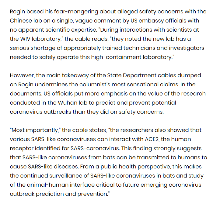 . @joshrogin bases his fear-mongering about the Chinese lab on a single, vague comment in a cable written by US officials with no apparent scientific expertise. On top of this, the cable's main takeaway undermines his sensational claims, praising the lab's research as important!
