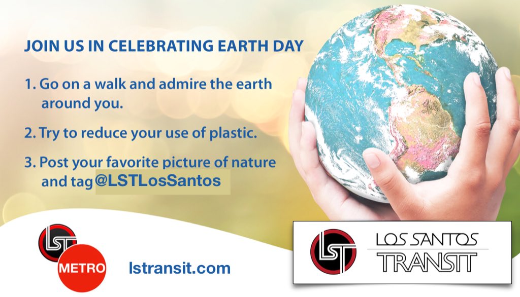 LST_METRO's tweet photo. #EarthDay  is tomorrow! Here are three ways you can celebrate instead of staying home: 1. #TaketheArrow🏹and admire nature around you. 2.Try to reduce your use of plastic 3. Post your favorite picture of LS and tag @LSTLosSantos!

PS Tomorrow you can ride the Metro line for FREE! https://t.co/H6Dq2UFbvv