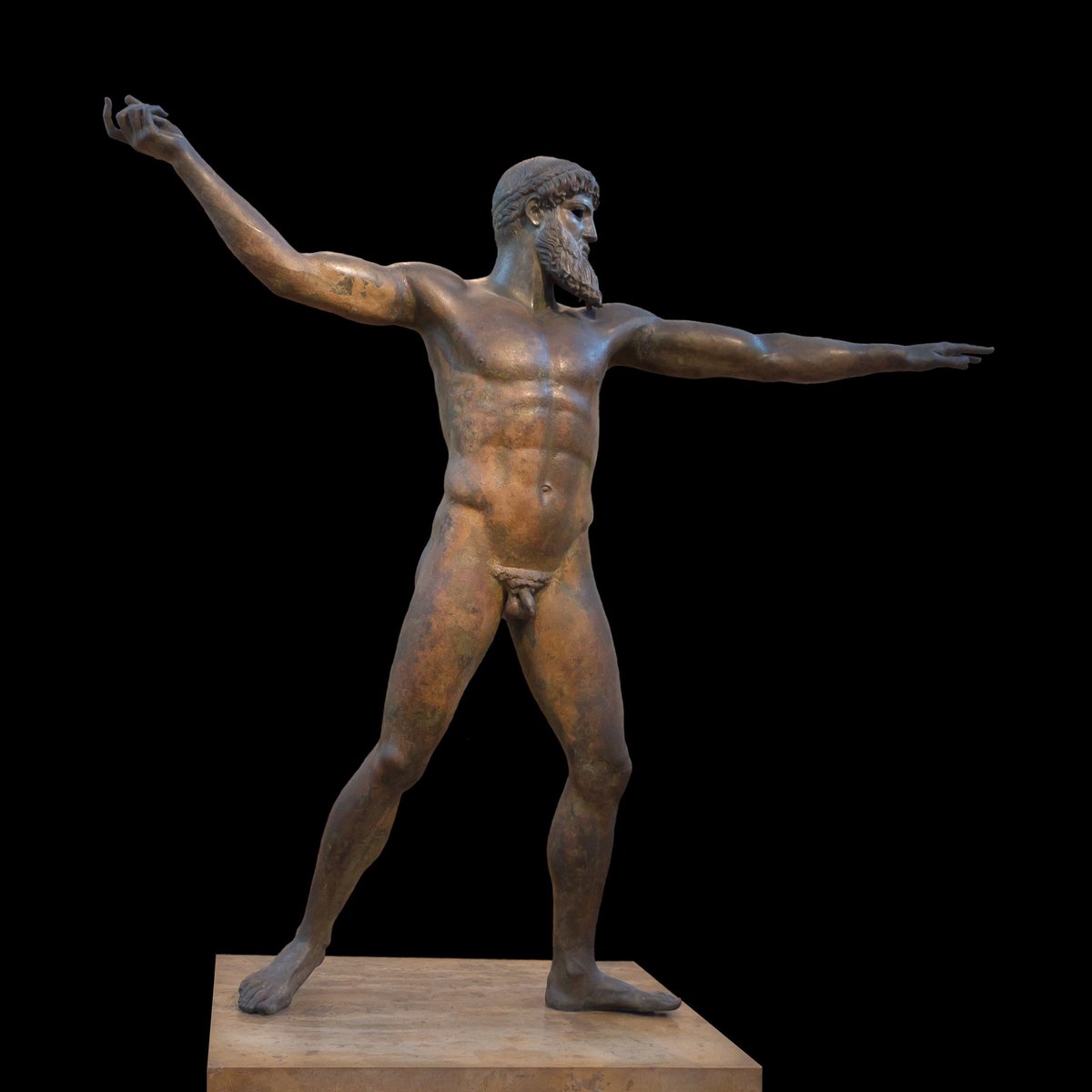 Artemision Zeus stands at 2.09 m high, his weight falls on his left, forward leg, but the figure is balanced & poised. Both arms were elongated by the sculptor to equalize the horizontal and vertical axes of the composition, so his height is equal to the span of his arms.