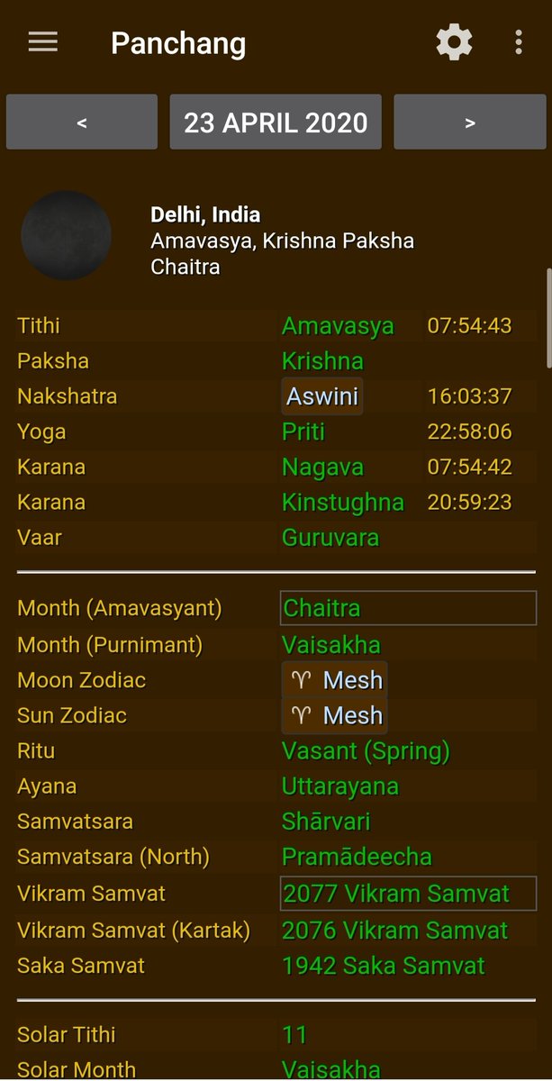 Lesson 2.6A new Lunar Month begins when Sun and Moon are at same longitude (or in common terms, same degree).I tapped "Panchang" option in Hindu calender app & saw that at 7:54 AM on 23 April, Amavasya would end and First Tithi (new lunar month) would begin. See next tweet.