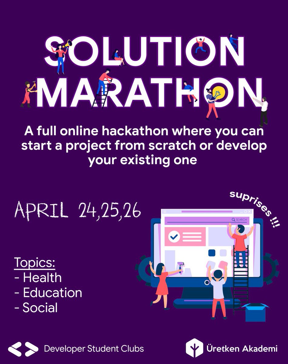 SolutionMrthn's tweet photo. 24-26 Nisan tarihlerinde düzenlenecek olan SolutionMarathon'a katıl! Süreç içerisinde olacak eğitimler ve Google destekli mentörlükler ile projeni geliştir ve Amerika'ya gitme şansı yakala! Hemen başvur!
https://t.co/gnBIF8PGcs

#SolutionMarathon #DeveloperStudentClubs https://t.co/iSOKZs5Wss