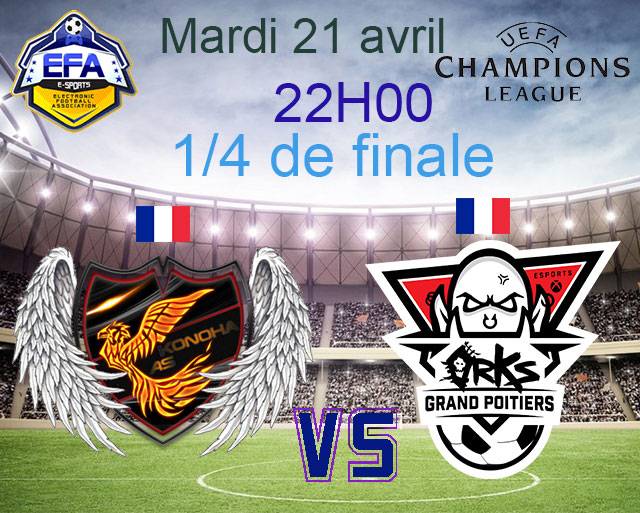 Ce soir match de #LDC <a href="/france_efa/">EFA FRANCE</a> qui aurais du avoir lieu la semaine dernière sans les soucis de serveur fifa.

1/4 de finale de LDC face à la <a href="/orKsGP_Fifa/">orKs GP #E-Foot</a>

Bon match a vous .
