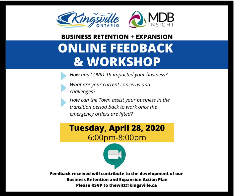 The Town of Kingsville invites businesses to an online feedback &amp; workshop on Tuesday, April 28, 2020 from 6-8pm. Read more on our website: kingsville.ca/haveyoursay