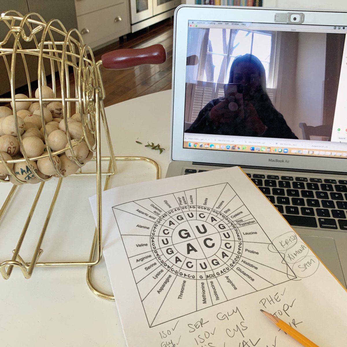 MrsMilneBiology's tweet photo. Had a great #MilneBio @Zoom session today with codon bingo! If I gave you the DNA sequence TAC, would you be able to transcribe and translate into the amino acid? Get your codon wheels out ๐งฌ Bonus points if you can answer why I gave you TAC first ๐ https://t.co/FBFKgt7TO1