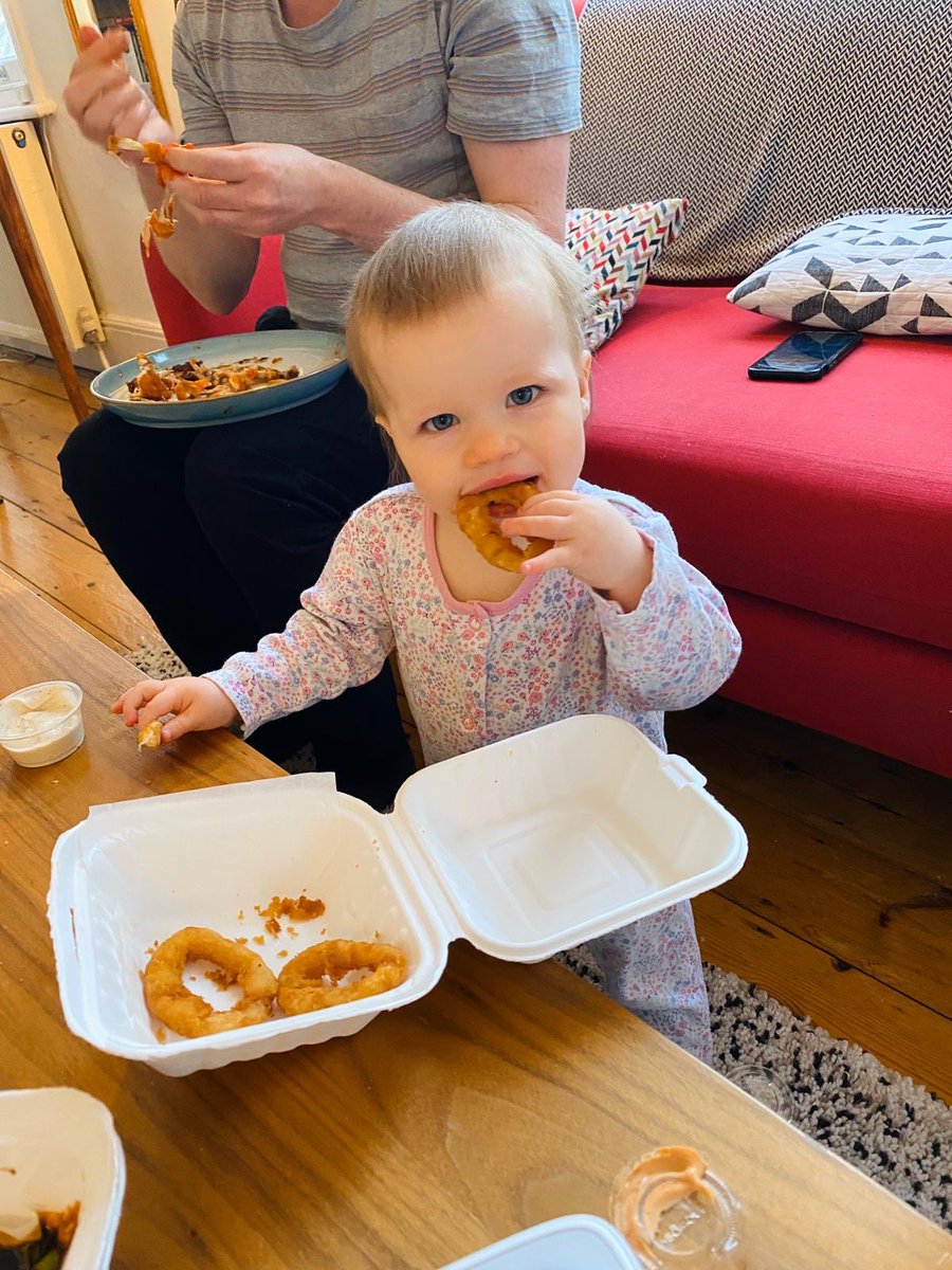 Enjoyed our free food from Deliveroo. Alice requested onion rings.