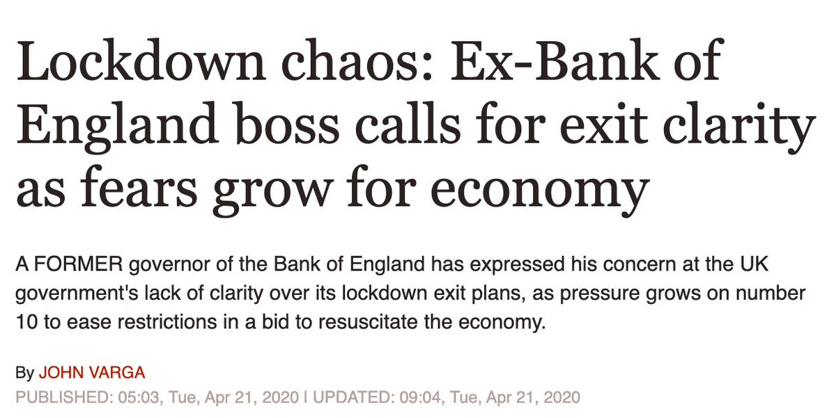 Not surprisingly, very senior folk – most recently  #LordMervynKing, the former Governor of the Bank of England – are now calling on the U.K. govt to explain its strategy for managing the pandemic and specifically for how we will come out of the lockdown. 3/15