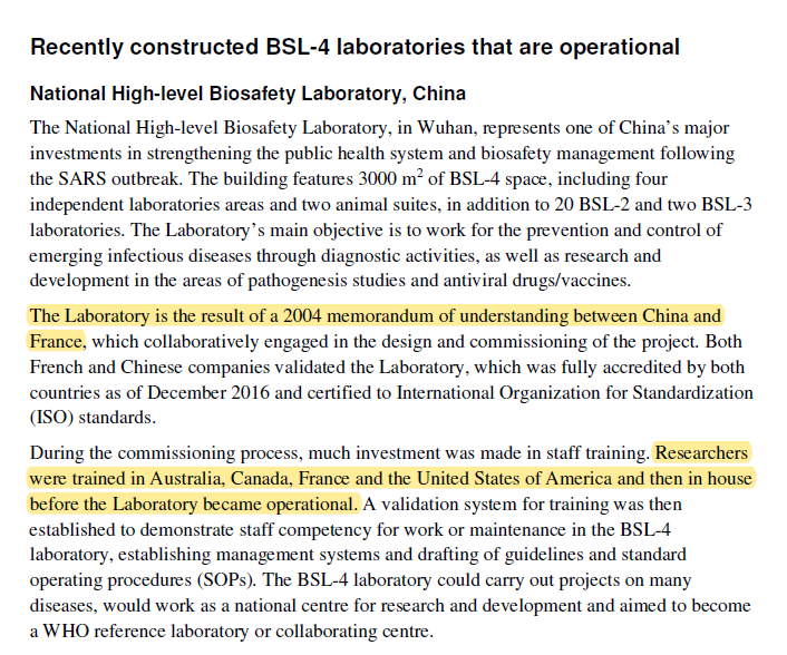.According to the WHO, “much investment was made in staff training”, for the lab with researchers and staff trained in the US, France, Canada, and Australia and then in house before the lab became operational.  https://apps.who.int/iris/bitstream/handle/10665/311625/WHO-WHE-CPI-2018.40-eng.pdf