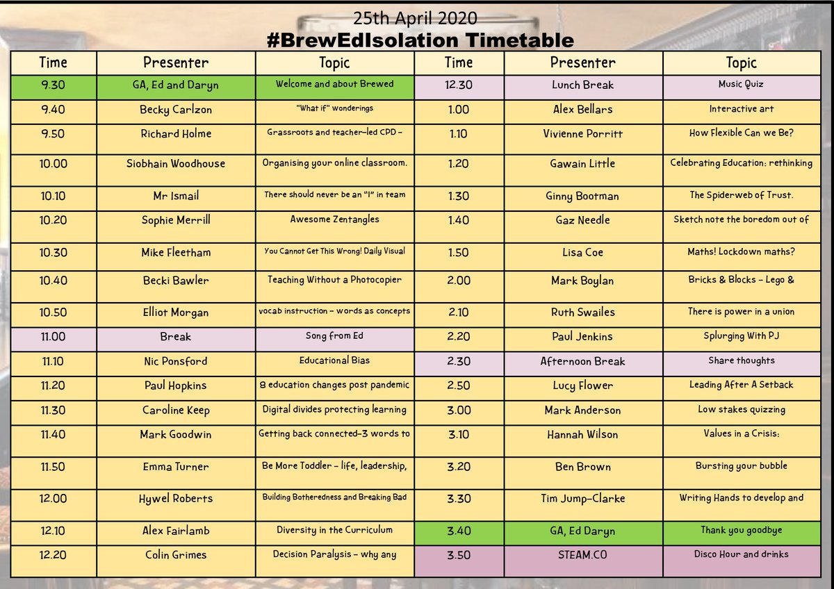 Nobody is going to be binge watching  #netflix this Saturday the place to be will be  #BrewEdIsolation Here is the timetable of amazing educators sharing their knowledge. Bring yours snacks, your listening ears and your beers for a day of amazing learning  #primaryrocks  #brewed
