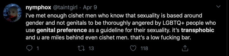 Riley J, Genital Preferences are Transphobic, Dennis. https://www.youtube.com/watch?time_continue=1&v=k5GYlZKfBmI&feature=emb_logo