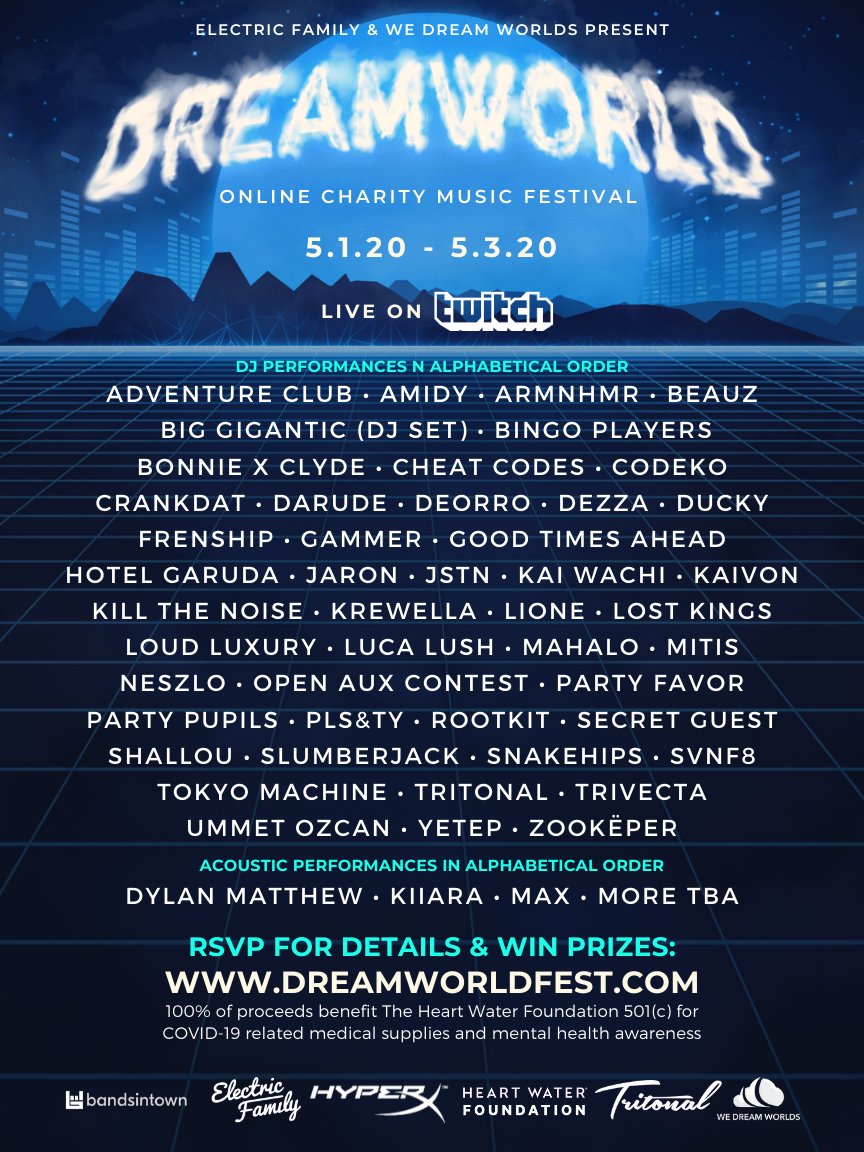 WeDreamWorlds's tweet photo. Do you miss going to festivals and concerts? Do you want to see your favorite DJ’s perform?

Lucky for you, we’re partnering with @HyperX , @ElectricFamily, and @Bandsintown to host our first online music festival from May 1st to May 3rd 🤩

RSVP here: https://t.co/KNVscp9uJs https://t.co/TiVCBfnxuN