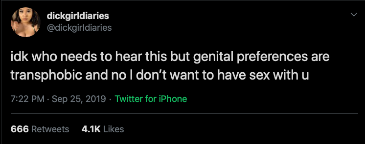 Riley J, Genital Preferences are Transphobic, Dennis. https://www.youtube.com/watch?time_continue=1&v=k5GYlZKfBmI&feature=emb_logo